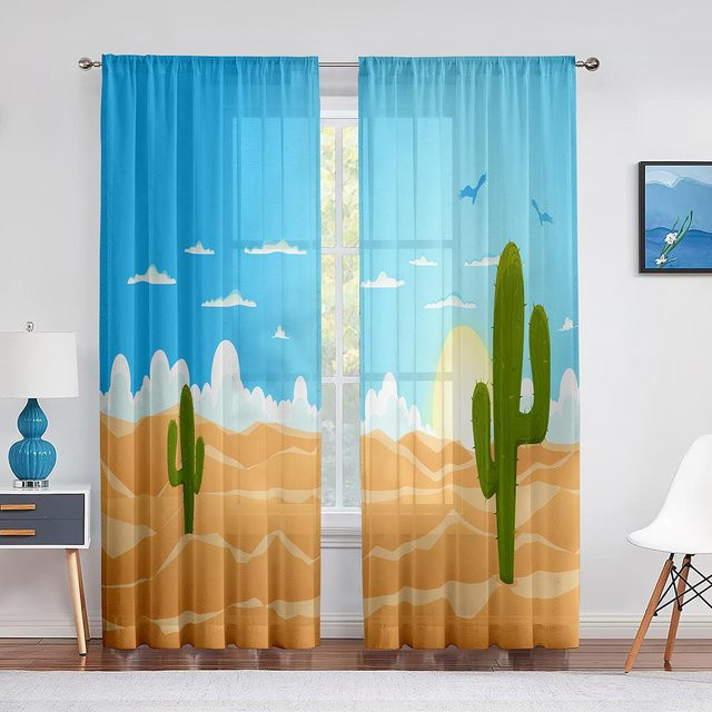 Super Six Transparenter Tüllvorhang mit Kaktus-Motiv, Chiffon-Voile, B: 100 cm, H: 250 cm - Bild 1
