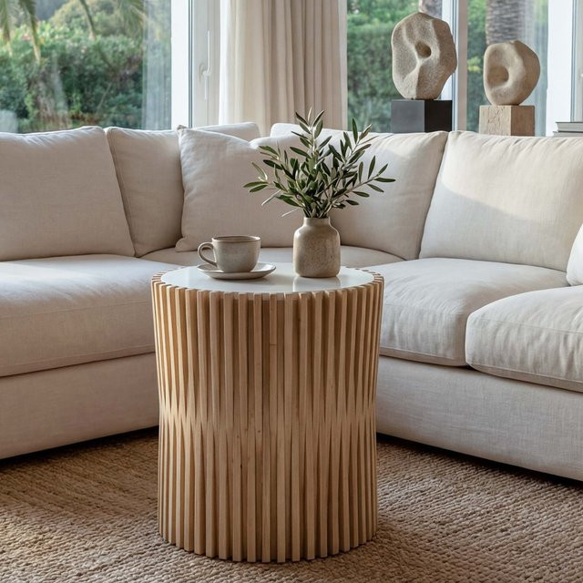 Beistelltisch MCW N31 aus Tannenholz in Natur-Weiß, runder Couchtisch Durchmesser: 51 cm - Bild 1