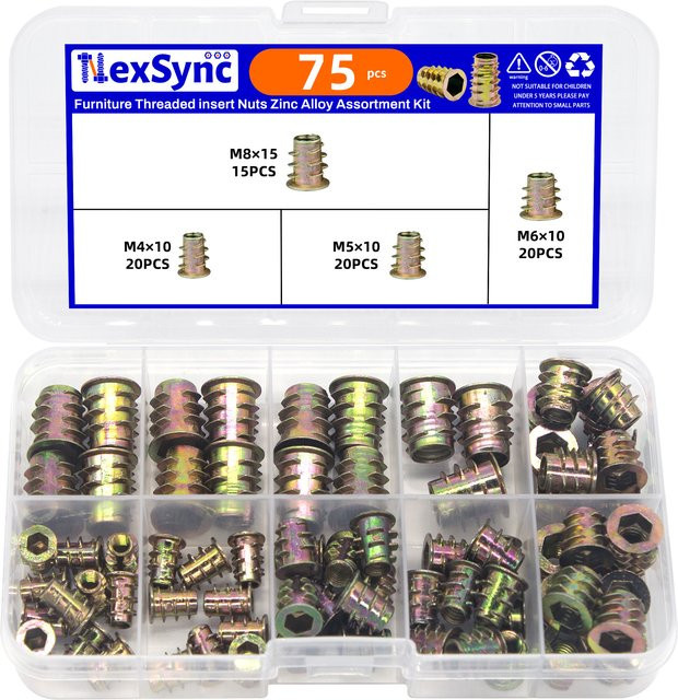 NexSync 75-teiliges Gewindeeinsatzmutter-Set für Holzmöbel mit M4 M5 M6 M8 Sechskant-E-Muttern - Bild 1