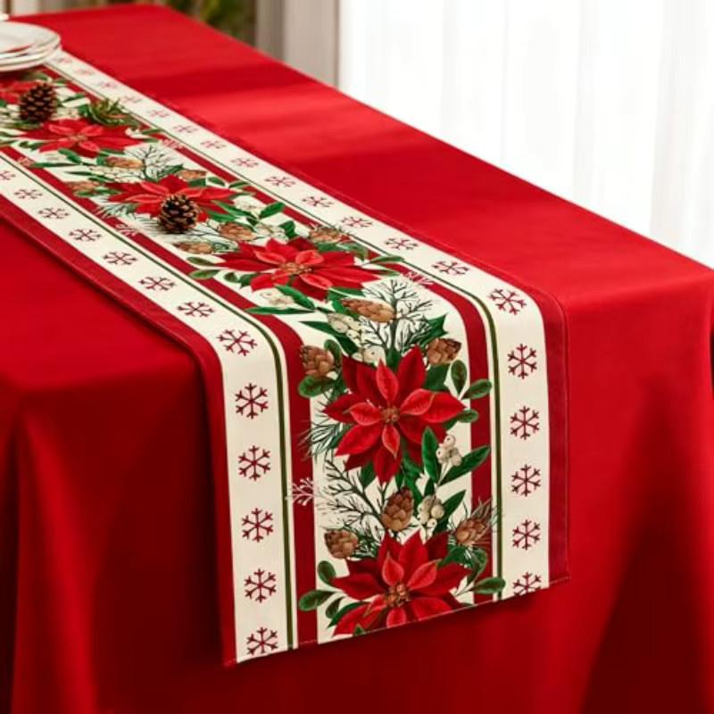 VIKAMA Weihnachts-Tischläufer aus Leinen in Rot mit floralem Design, B/T: 90 x 33 cm - Bild 4