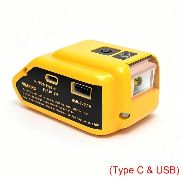 DCB090 Batterieadapter für Dewalt 18V 20V Lithium-Ionen-Akkus mit USB-A, USB-C und 12V LED-Arbeitslicht in Gelb - Bild 1
