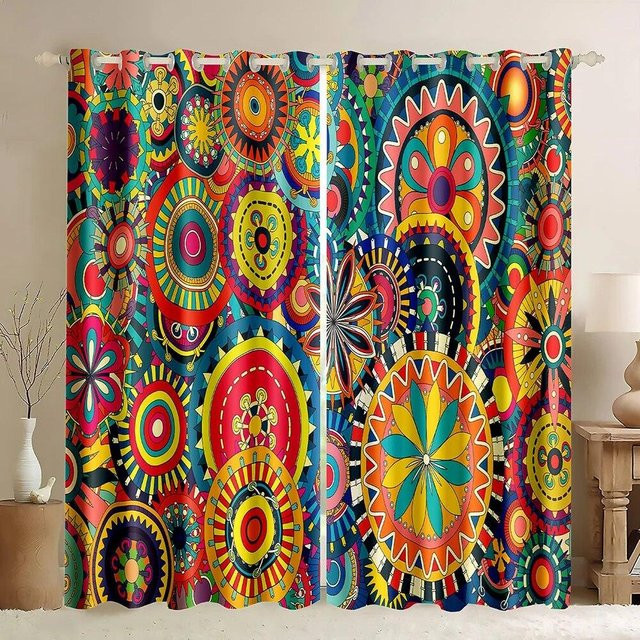 2er-Set Mandala Boho Vorhänge mit Blumen- und Streifenmuster von Your Warm Home, Multicolour, Breite: 50 cm, Höhe: 160 cm - Bild 1