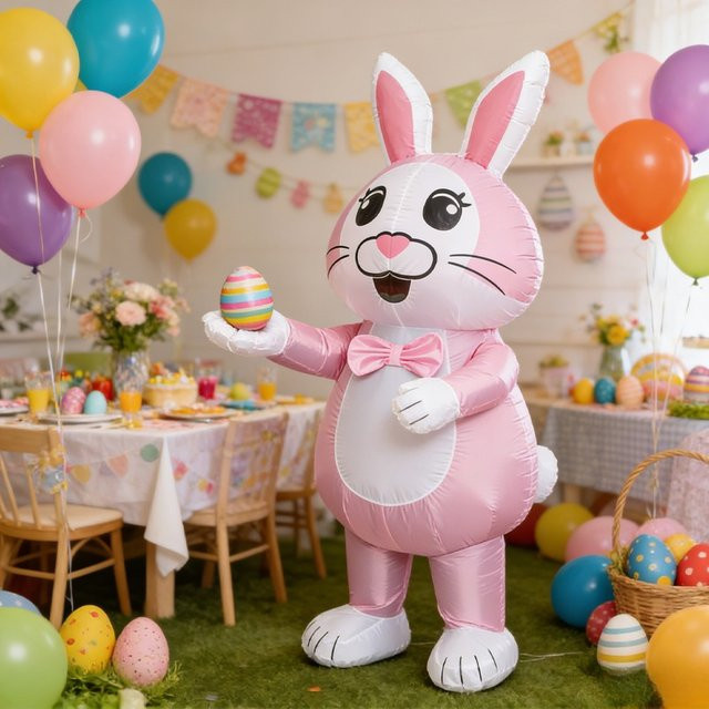 Potdemiel Aufblasbares Osterhase-Kostüm, Ganzkörper-Aufblaspakete mit Fliege, Rosa / Pink - Bild 1