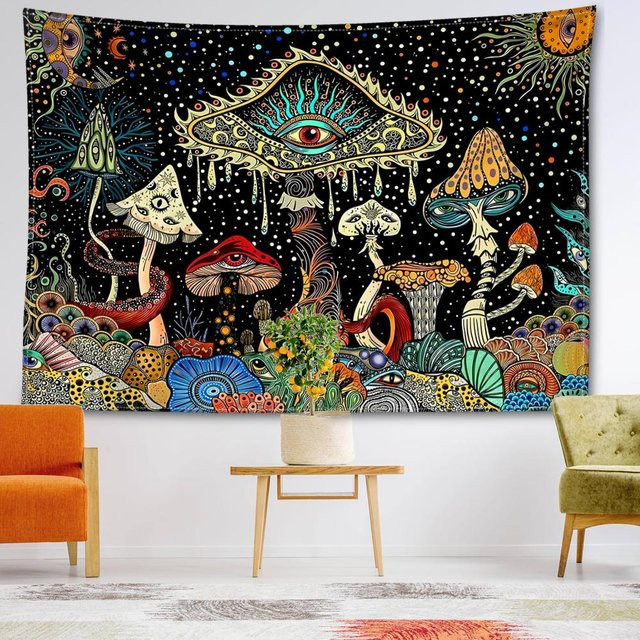 Super Six Hippie Wandteppich mit Pilzen, Sternenhimmel und psychedelischem Engel, Mehrfarbig, Breite: 95 cm, Höhe: 73 cm - Bild 1