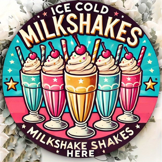 Potdemiel Retro-Aluminiumschild Ice Cold Milkshakes, rundes Vintage-Wandkunst-Dekor aus Metall, Mehrfarbig, Durchmesser: 20,3 cm - Bild 1