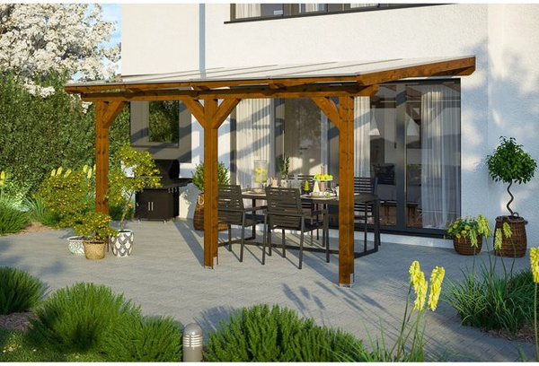 Skan Holz Terrassenüberdachung Andria aus Leimholz in Nussbaum Braun mit Polycarbonat-Dach B: 434 cm, T: 350 cm