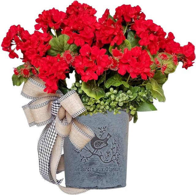 Tooarts Hängender Geranien-Fasskranz in Rot mit schwarz-weißer Gitterschleife und floralem Design - Bild 1