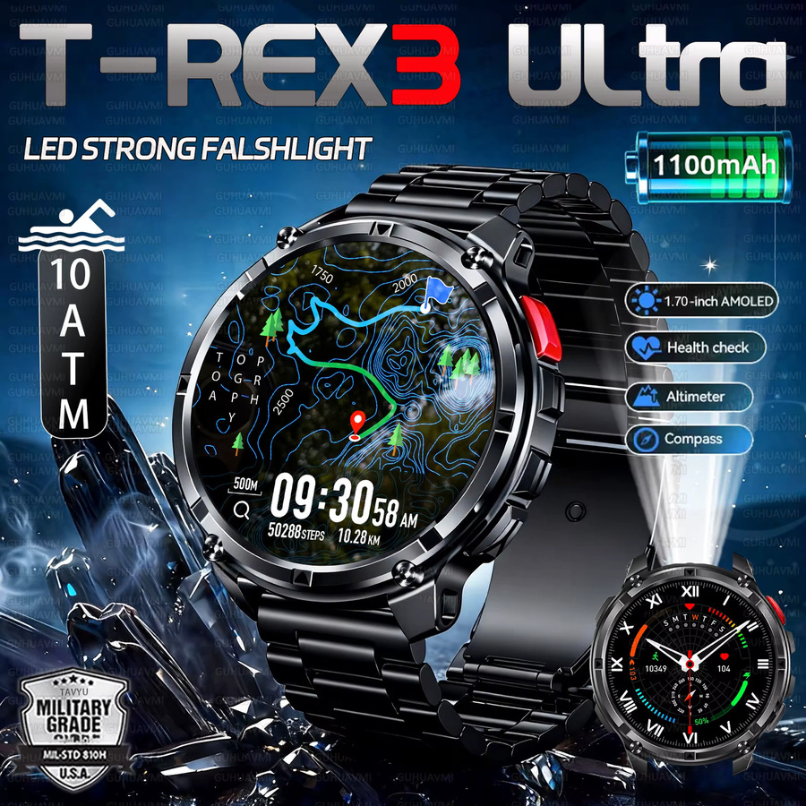 GUHUAVMI T-REX3 Smartwatch mit Bluetooth-Anruffunktion, 10ATM wasserdicht, Kompass, Höhenmesser und Taschenlampe, 1100 mAh Akku, Schwarz oder Blau - Bild 5