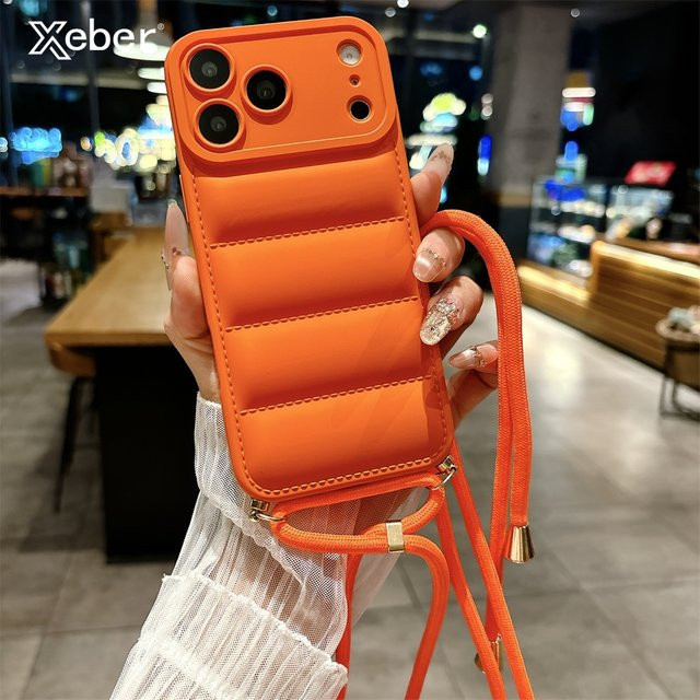 Xeber Daunenjacke Handyhülle mit Umhängeband für iPhone 11 bis iPhone 17 Pro Max Plus Air XR XS Max, Schwarz - Bild 1