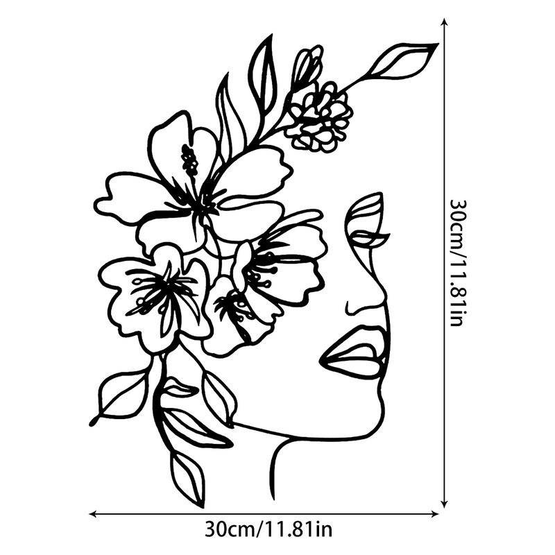Minimalistische Wanddekoration aus Metall in Schwarz mit Frauengesicht und Blumen als hängende Kunst für Wohnzimmer, Schlafzimmer oder Badezimmer, B/H: 40 x 40 cm - Bild 6