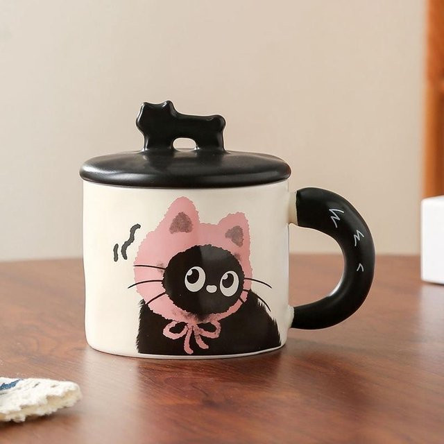 Keramiktasse mit Katzenmotiv von Yiran Furniture in Weiß mit Deckel, 359 ml - Bild 1