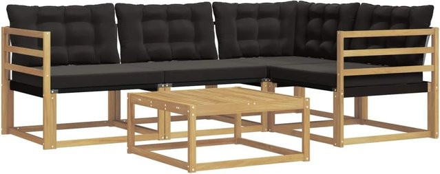 vidaXL Outdoor-Sofagarnitur aus Akazienholz in L-Form mit Textilene-Bezug und Kissen, Weiß und Schwarz, B/T/H: 79 x 79 x 37 cm - Bild 1