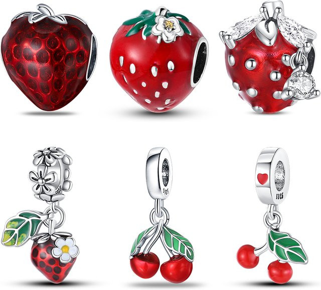 Pandach Charms, 925 Silber, Erdbeere Kirsche Obst, Perlen 3mm - Bild 1