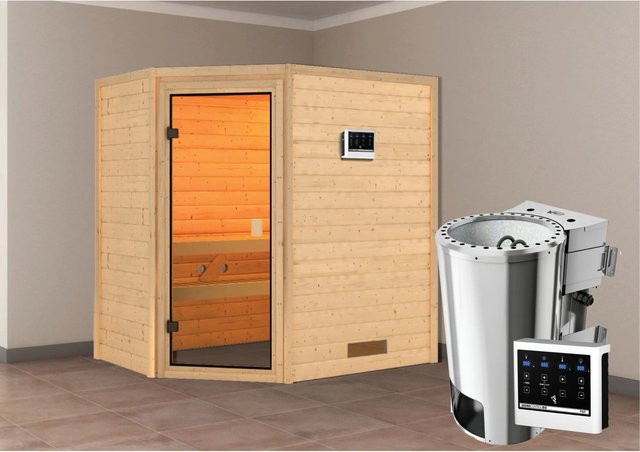 Karibu Massivholzsauna Jella mit BioKombiofen und externem Steuergerät, Farbe: Braun/Bronze, B/T/H: 195 x 145 x 187 cm - Bild 1