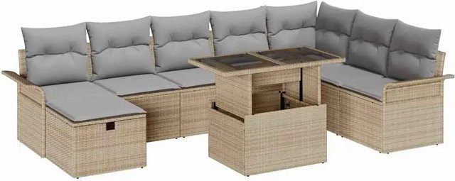 vidaXL Garten-Sofa-Set aus Polyrattan in Beige, 9-teiliges L-Shape Lounge-Set mit Kissen, Ottoman und Couchtisch inklusive integriertem Kissen-Stauraum - Bild 1