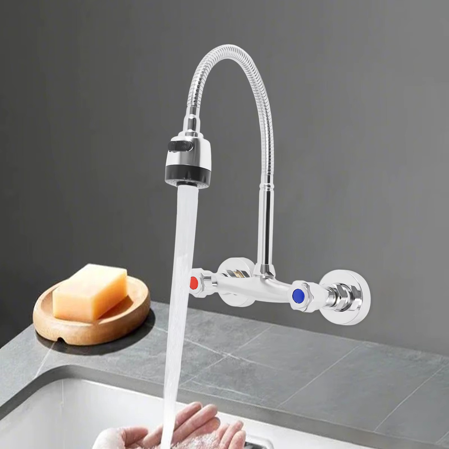 Aohuada Wandarmatur in Chrom, wandmontierte Zweigriff-Mischbatterie für Küche und Badezimmer mit 360 Grad schwenkbarem Auslauf - Bild 2