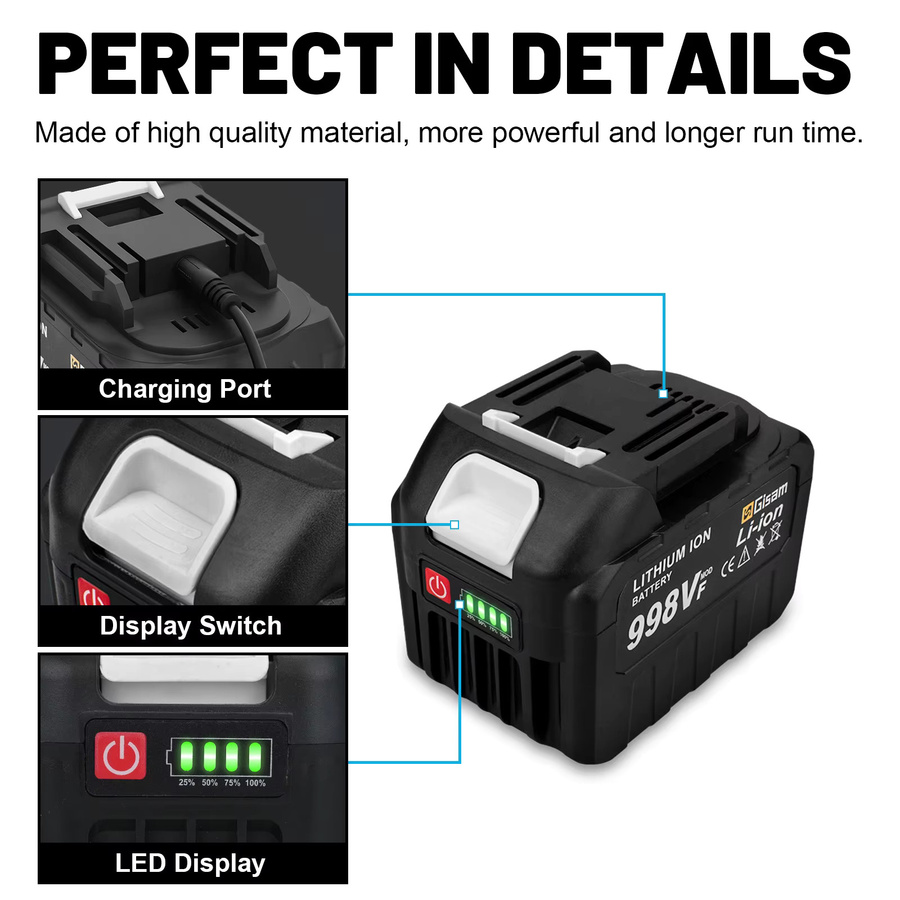 Gisam Wiederaufladbare Lithium-Ionen-Batterie 18V mit Kapazitätsanzeige für Makita Elektrowerkzeuge, Schwarz - Bild 3