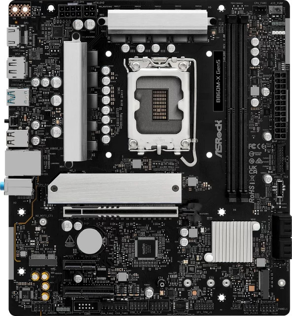 ASRock B860M-X GEN5 Mainboard mit Sockel LGA1851, Intel B860 Chipsatz, DDR5 Unterstützung, Micro-ATX Formfaktor, NVMe/M.2 und Ethernet/LAN in Schwarz/Silber - Bild 1
