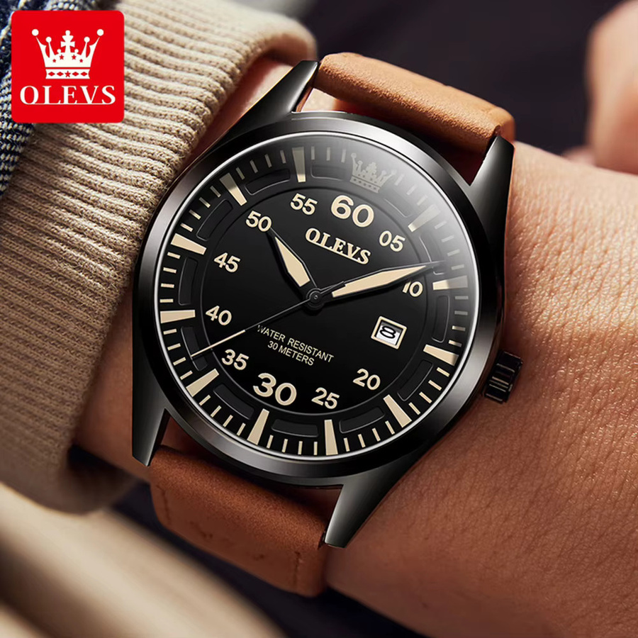 OLEVS Armbanduhr Quarz, Leder, Schwarz, Herren - Bild 5