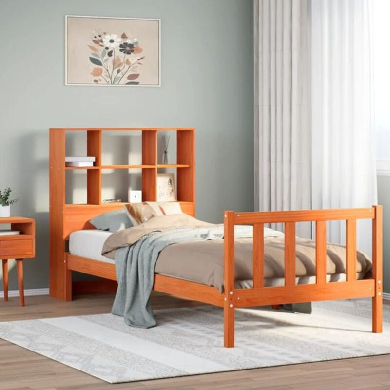 Massivholzbett aus Kiefer mit Regal von Vidaxl in Braun, B/T/H: 75 x 190 x 110 cm - Bild 1