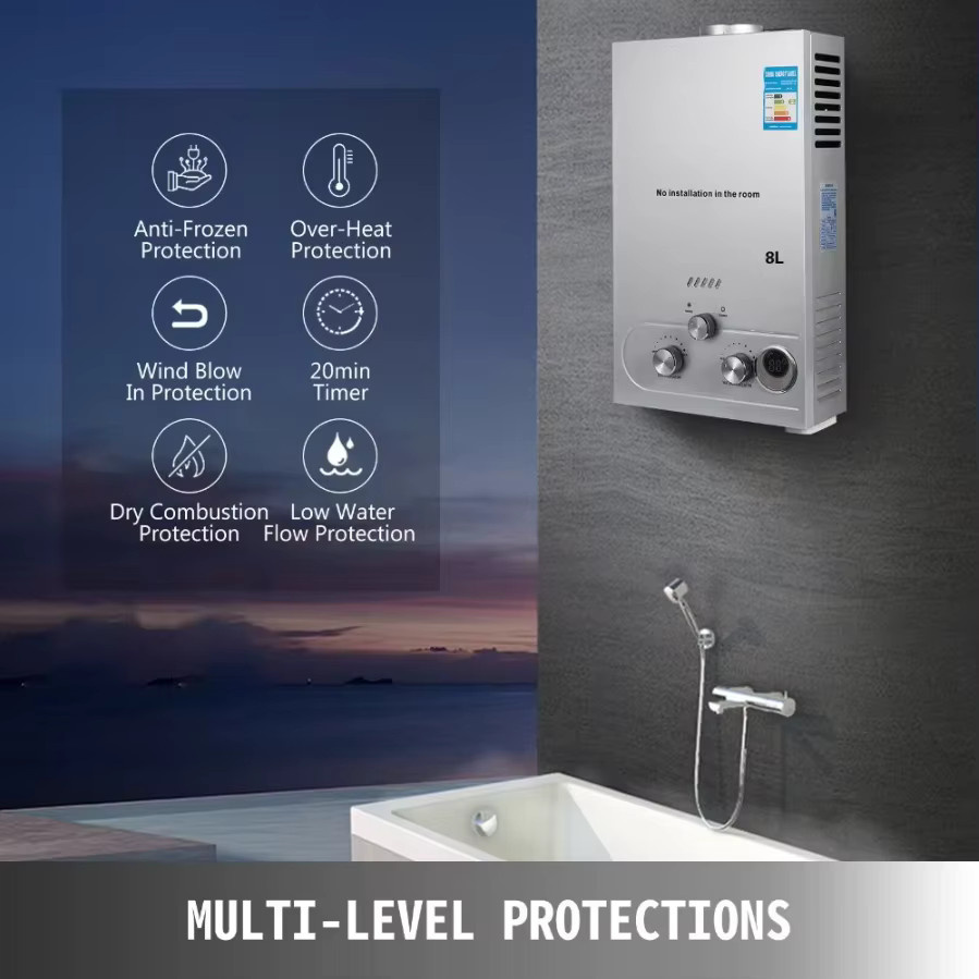 SIHAO LPG Propangas-Durchlauferhitzer aus Edelstahl in Silber mit LED-Anzeige und Duschset, tankloser Sofort-Warmwasserbereiter für die Wandmontage, 16-36kW mit Sommer-Winter-Modus - Bild 2