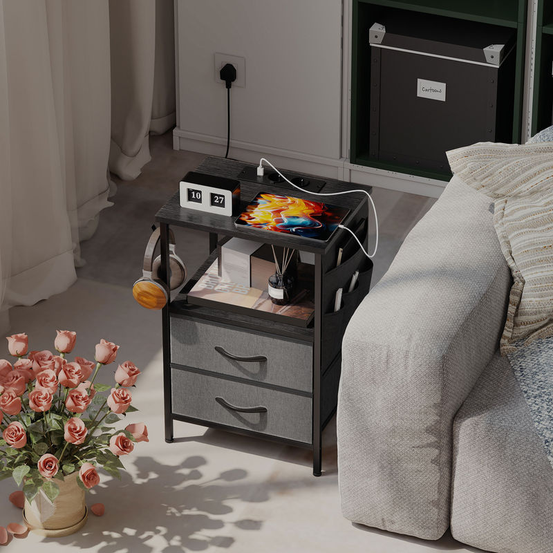 HOMCOM Couchtisch mit Ladestation und USB-C-Anschlüssen in Schwarz, Beistelltisch mit 2 Stoffschubladen, Haken und Aufbewahrungstasche aus Metall und MDF - Bild 2