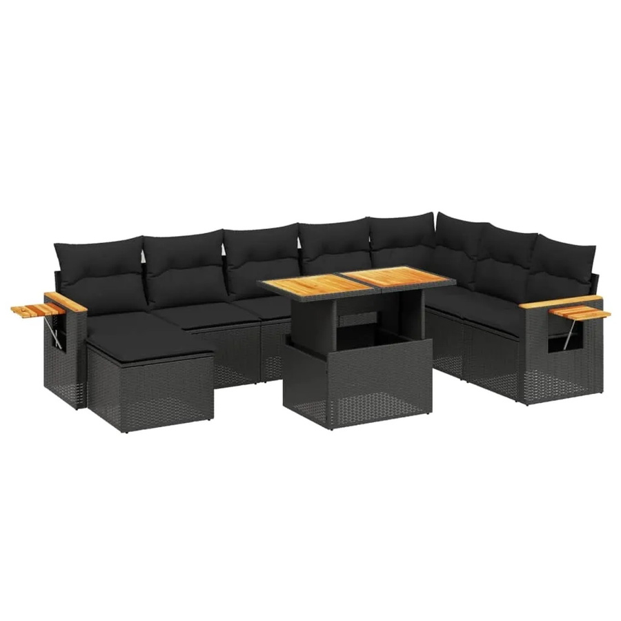 vidaXL 9-teilige Garten-Sofagarnitur aus Poly-Rattan und Akazienholz in Schwarz mit Kissen - Bild 2
