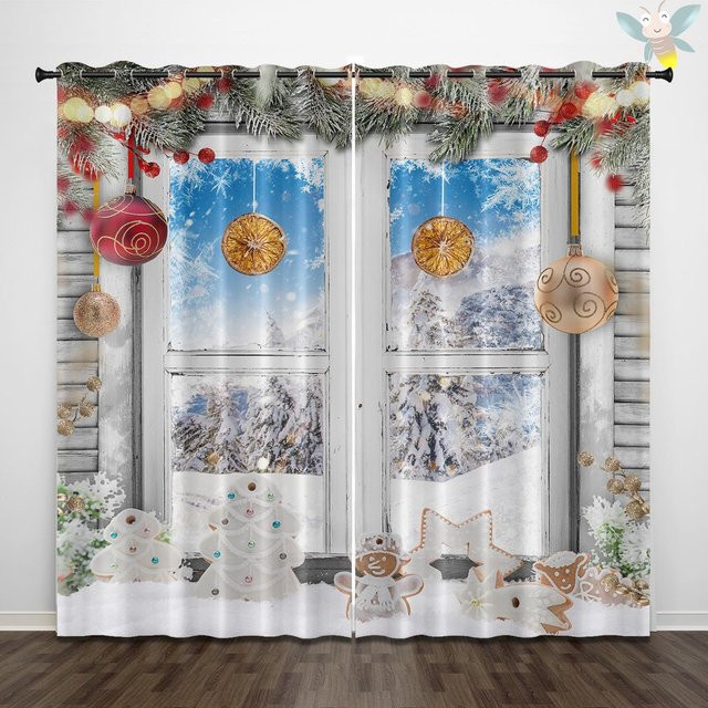 2er-Set Weihnachts Vorhänge mit Schneeglockenmuster in Grau, halbtransparent mit Ösen, B/H: 140 x 160 cm - Bild 1