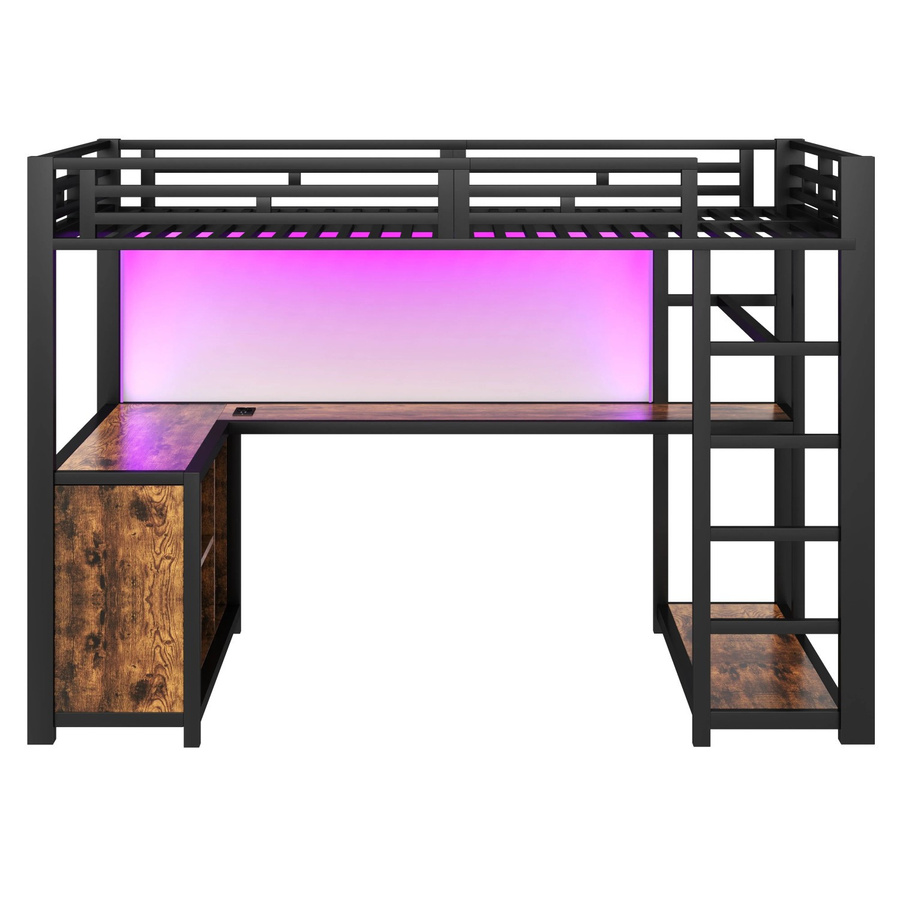 Merax Hochbett aus Metall mit LED-Unterbettbeleuchtung und Arbeitsplatz in Schwarz, B/T/H: 208 x 140 x 148 cm - Bild 2