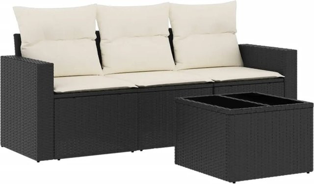 vidaXL 4-tlg. Garten-Sofagarnitur in L-Form mit Kissen und Couchtisch, Schwarz - Bild 1