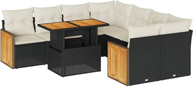 vidaXL 9-teilige Garten-Sofagarnitur aus Poly-Rattan und Akazienholz in Schwarz-Creme mit Kissen - Bild 1