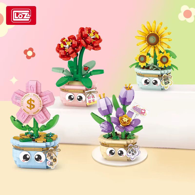 LOZ Pflanze Topf Serie Destined Red Rose und Sonnenblume Baubaustein Modell als Desktop Ornament in Rot und Multicolor - Bild 1
