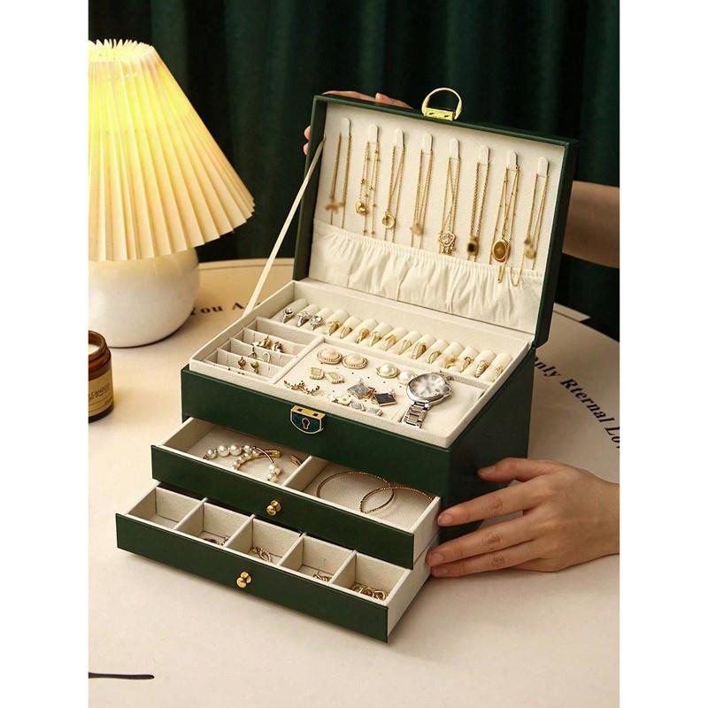 Schmuckaufbewahrungsbox aus Leder mit 3 Ebenen für Ohrringe, Ringe, Uhren, Halsketten und Armbänder mit großem Fassungsvermögen und Oxidationsschutz - Bild 4