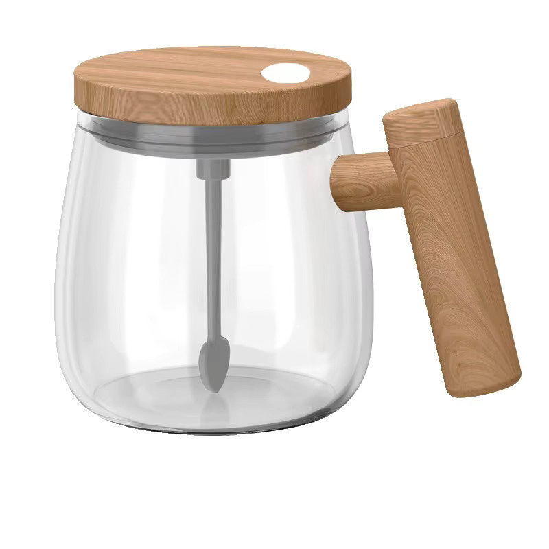Selbstrührende Kaffeetasse von BALASHOV, tragbarer elektrischer Becher aus Glas mit Holzgriff, transparent/braun - Bild 2