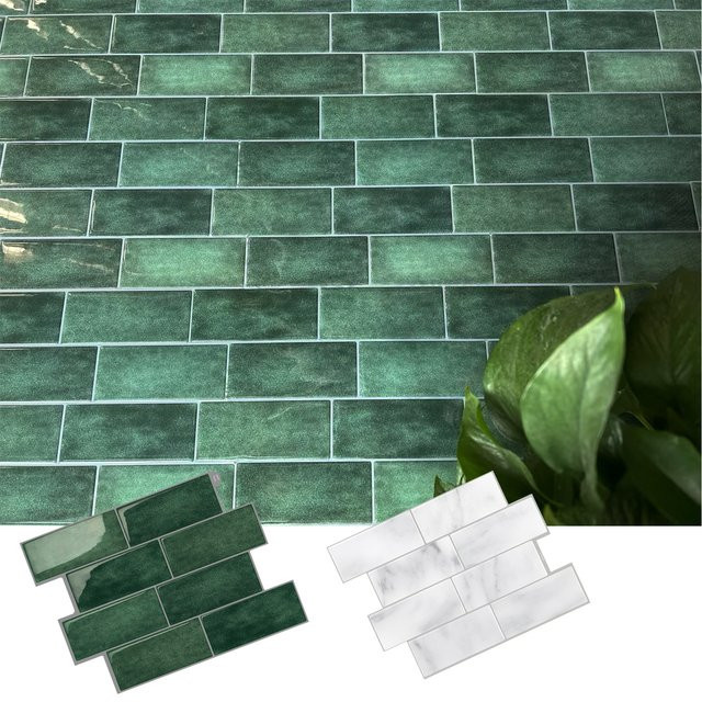 Vividtiles Wandfliesen Aufkleber in Grün, 3er Pack, Wasserdichte Rückwand-Tapete für Küche und Badezimmer im modernen U-Bahn-Design - Bild 1