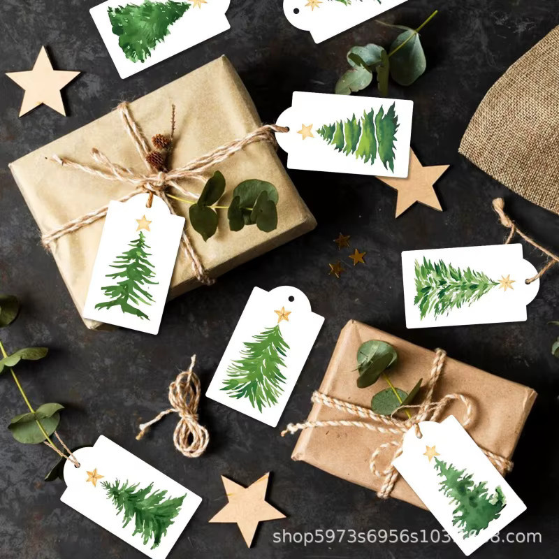 60 Stück Weihnachtsbaum-Ornament-Tags aus weißem Papier mit Aquarell-Kiefernbaum-Motiv und Hanfschnur zur DIY-Dekoration und als Geschenkanhänger - Bild 4