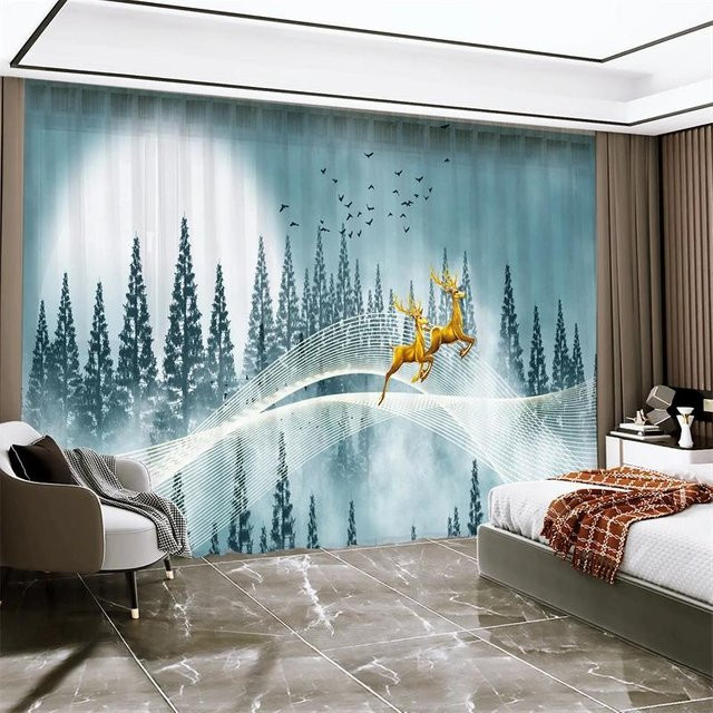 Yiran Furniture Glücksvorhang im chinesischen Stil mit Elch-Motiv in Gold, 2 Paneele, B: 55 cm, H: 120 cm - Bild 1
