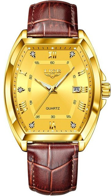 LIGE Armbanduhr, Quarz, Leder, Gold, Diamant, Herren - Bild 1