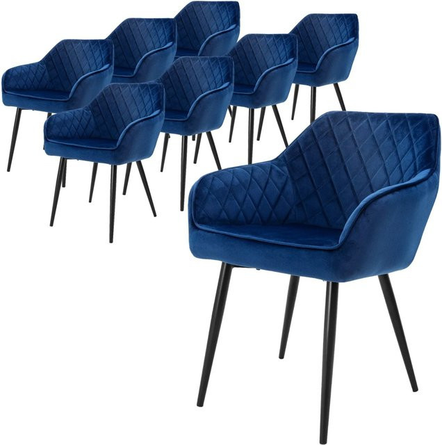 ML-Design 8er Set Esszimmerstühle mit Armlehnen aus Samt in Dunkelblau und modernem Metallgestell - Bild 1