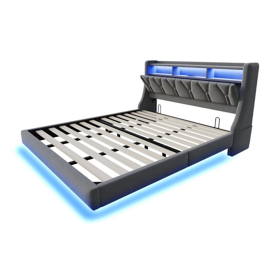 Merax Polsterbett mit LED-Beleuchtung, USB-Ladeport und Stauraum in Grau Samt, B/T: 180 x 200 cm - Bild 2