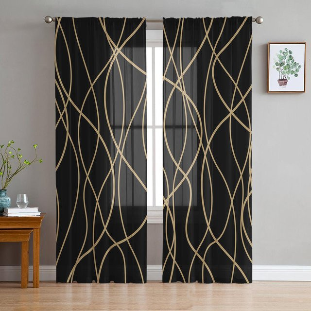 Moderne Kunst Vorhänge mit verdrehten Linien in Schwarz und Transparent, halbtransparente Tüll-Organza-Fenstervorhänge aus Polyester, Breite: 135 cm, Höhe: 160 cm - Bild 1