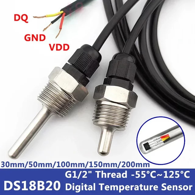 BMAD Digitaler Temperatursensor DS18B20 mit G1/2-Zoll-Gewinde, Edelstahlgehäuse in Silber, Sondendurchmesser: 8 mm, Kabellänge: 30–200 mm - Bild 1