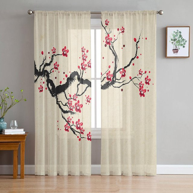 Transparente Tüll-Vorhänge mit Kirschblüten-Design in Weiß, B: 135 cm, H: 115 cm - Bild 1