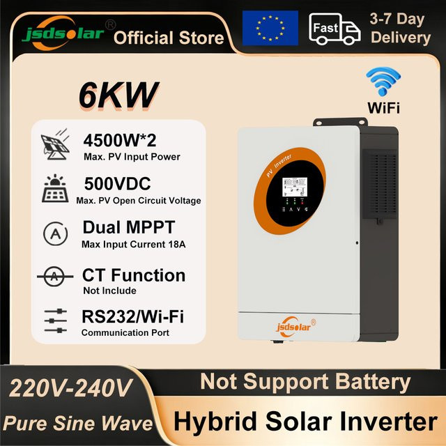 Jsdsolar 6KW Solar-Wechselrichter mit Dual MPPT, 230V PV-Wechselrichter mit 9000W PV-Eingang, Reiner Sinuswellen-Stromwandler und WLAN, Farbe: Weiß - Bild 1