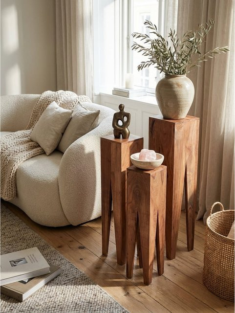 3er Set Beistelltische aus Massivholz Akazie Modern Quadratisch, Farbe: Braun, B/T/H: 25 x 25 x 100 cm - Bild 1