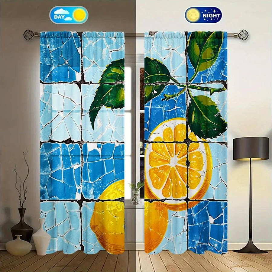 2er-Set Sommer Zitrone Vorhang mit floralem Print, halbtransparent, B: 52,5 cm, H: 116 cm, Haushalt Supplies MH - Bild 2