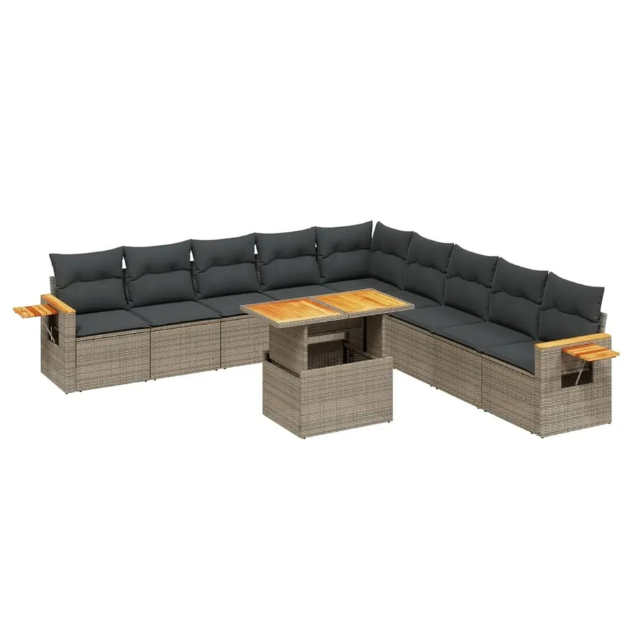 vidaXL 11-teilige Garten-Sofagarnitur in L-Form aus Polyrattan und Akazienholz mit grauen Kissen - Bild 2