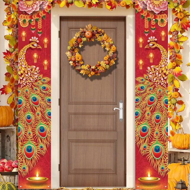 VIKAMA Diwali Festival Banner mit Pfauen-Motiv, buntes Willkommensschild für die Haustür als Partydekoration, B/H: 180 x 30 cm - Bild 1