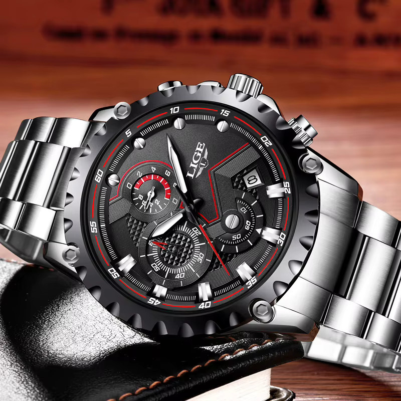 LIGE Armbanduhr Quarz, Edelstahl, Schwarz, Silber, Herren - Bild 2