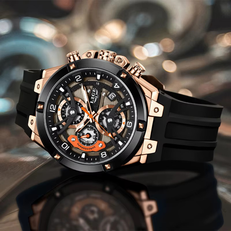 LIGE Armbanduhr Chronograph, Quarz, Silikonarmband, Herren, Schwarz - Bild 3